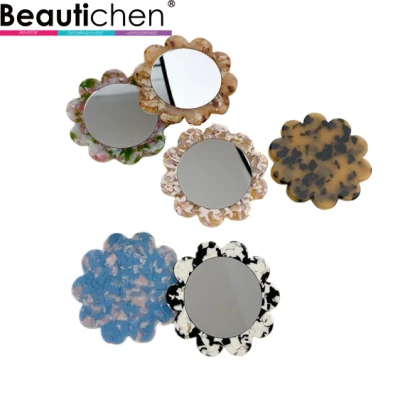 Beautichen gros Portable acrylique soleil fleur forme ronde miroir de poche acétate tenu dans la main maquillage miroirs